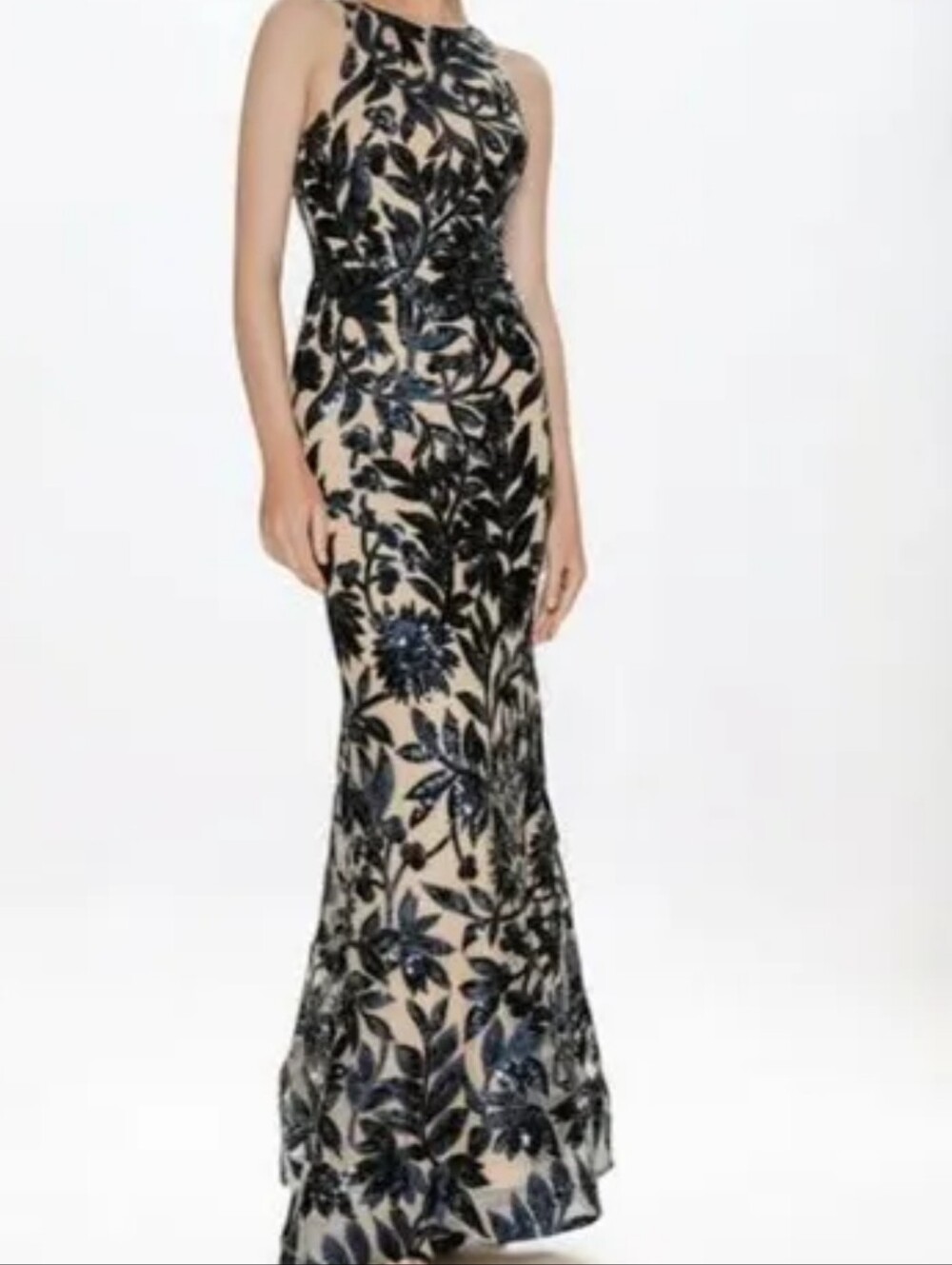 Nude Illusion Maxi Dress with Navy Sequin Floral Overlay